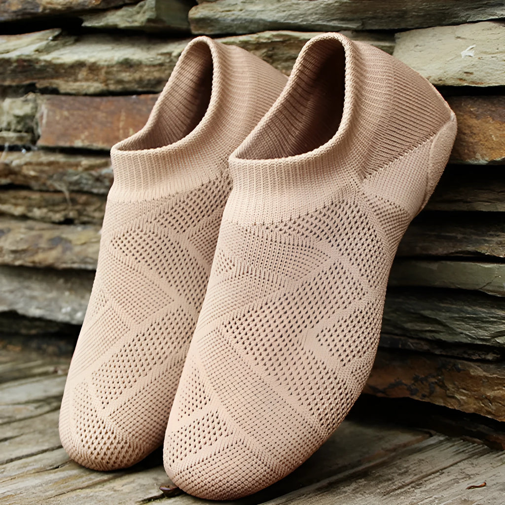 Camel coloured Latin dance shoes with cotton and mesh uppers and leather soles