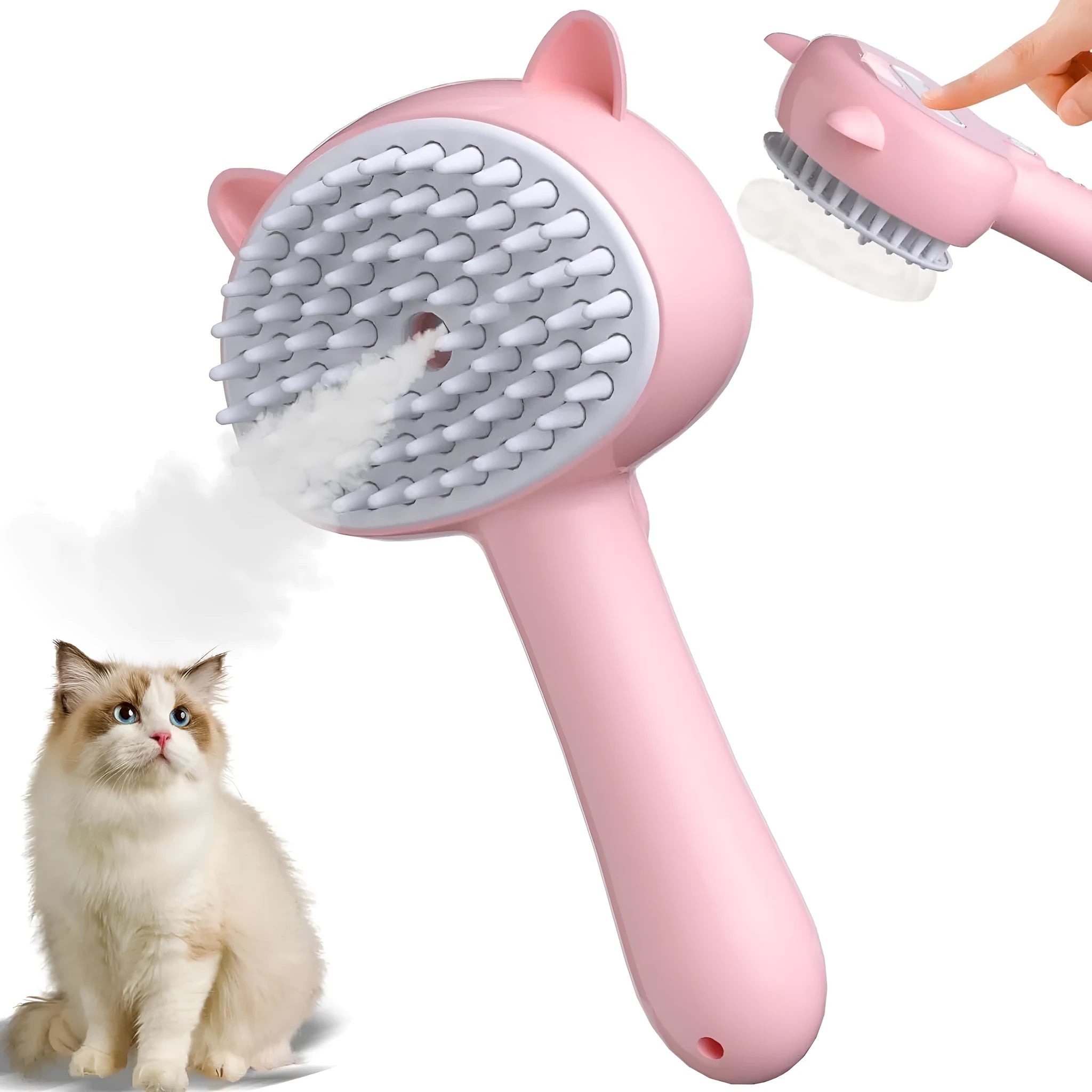Blue pink yellow cat steam brush with ergonomic handle and rubber bristles for pet grooming