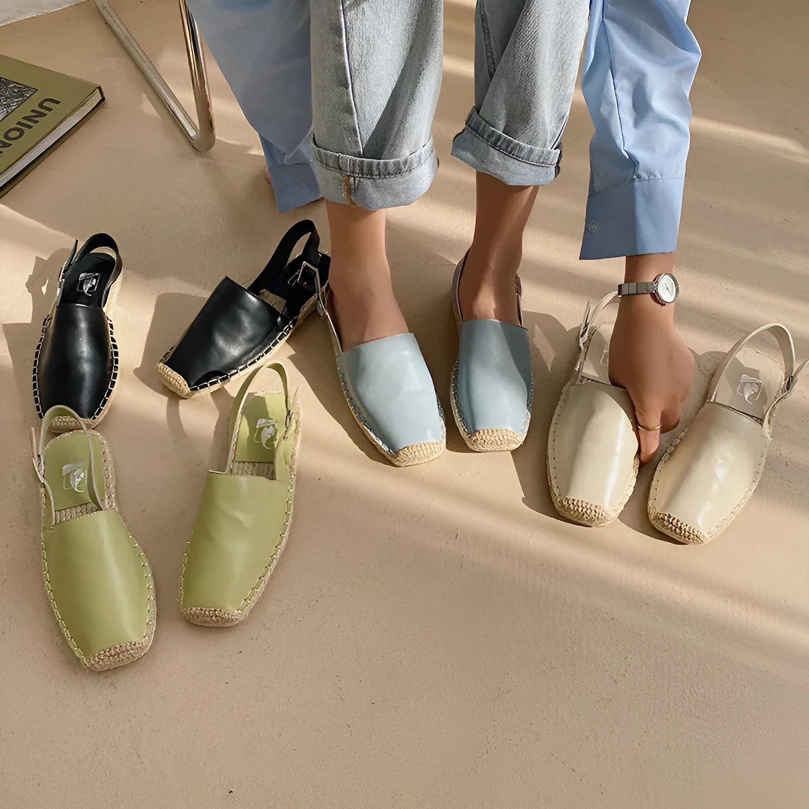 Women's Baotou style flat sandals in retro fisherman design with canvas upper and soft leather accents