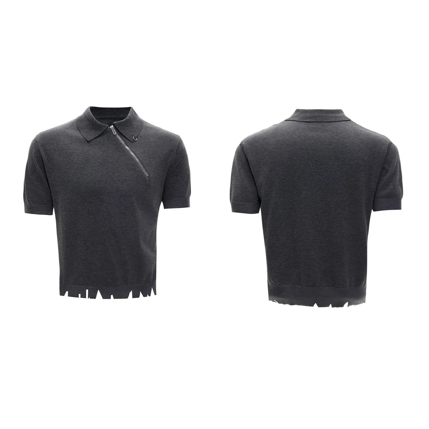 Man wearing a slim-fit black knitted polo shirt with an oblique diagonal zipper and lapel collar.