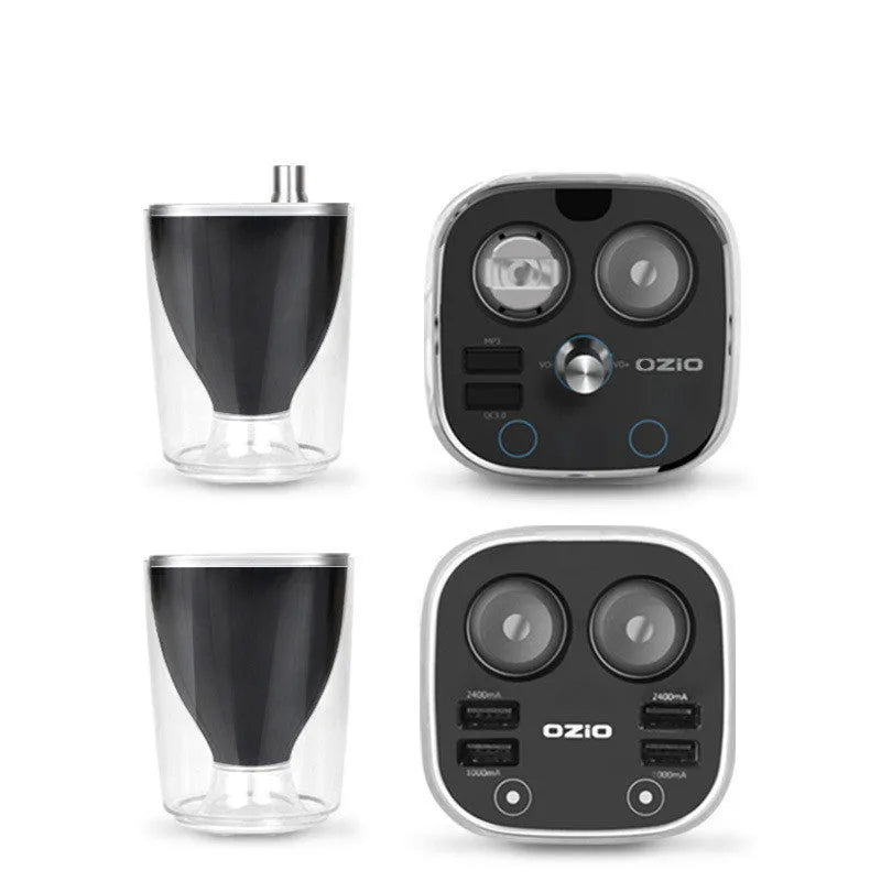Black ABS mobile phone car charger with Bluetooth and USB port, dimensions 72x62x95mm