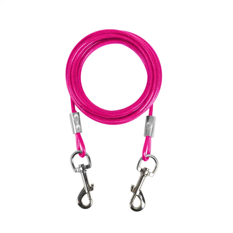 Double-headed dog leash with steel wire rope and iron chain, shown in a listed colour such as blue or black.