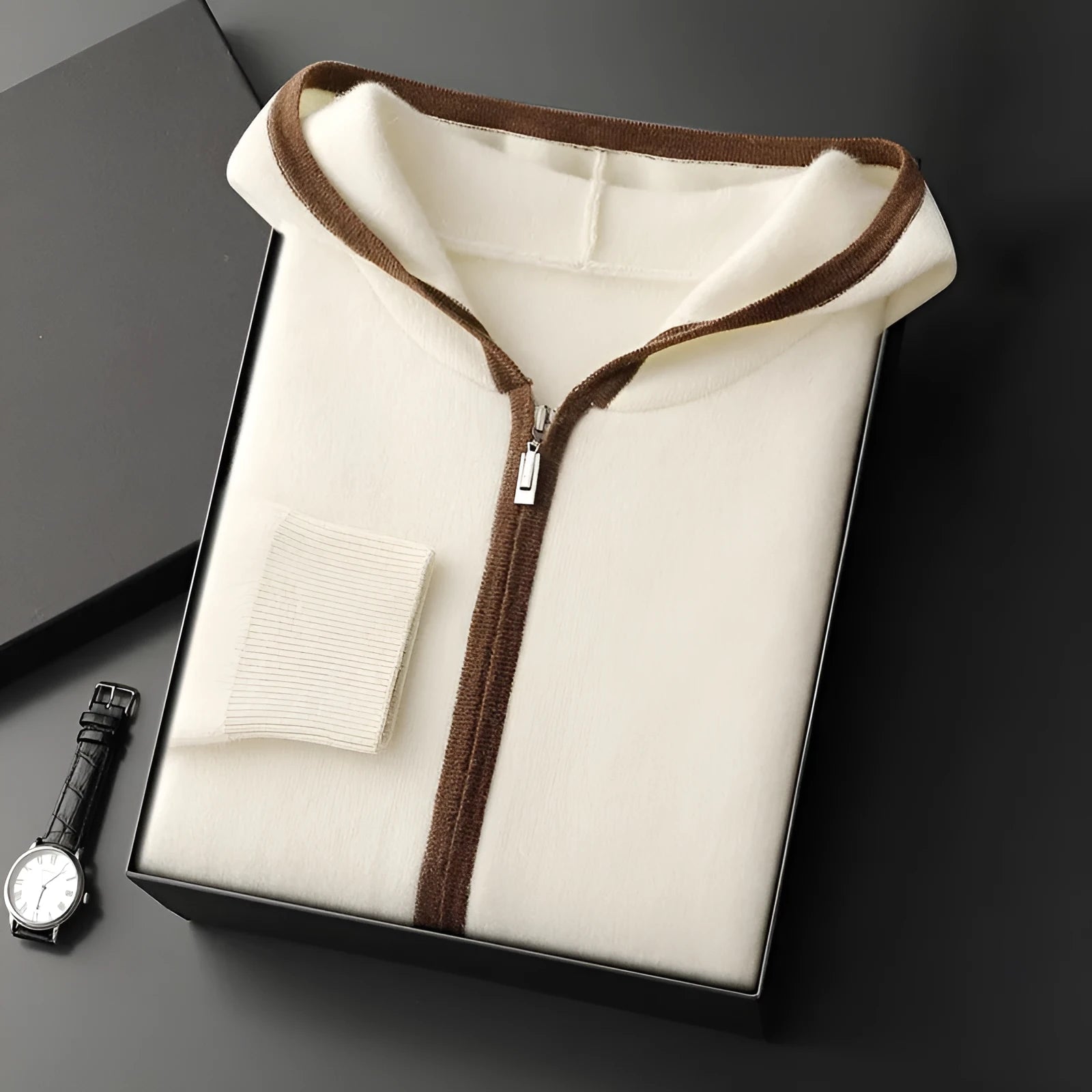 Casual zip-up hooded cashmere cardigan sweater in loose fit, available in white for youth