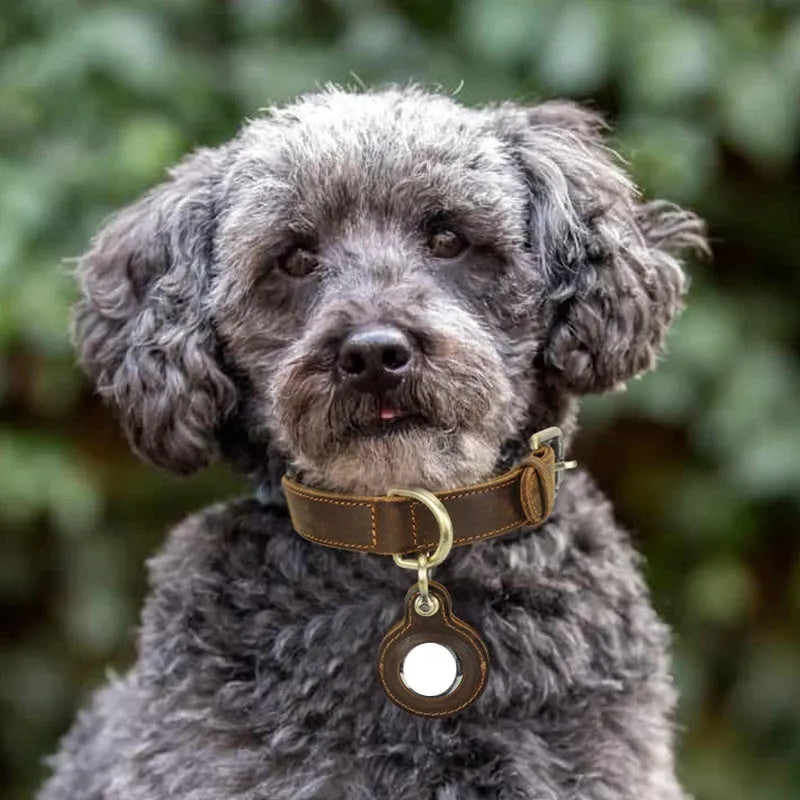 Brown handmade retro double-sided cowhide dog collar showing leather texture and halter positioning design