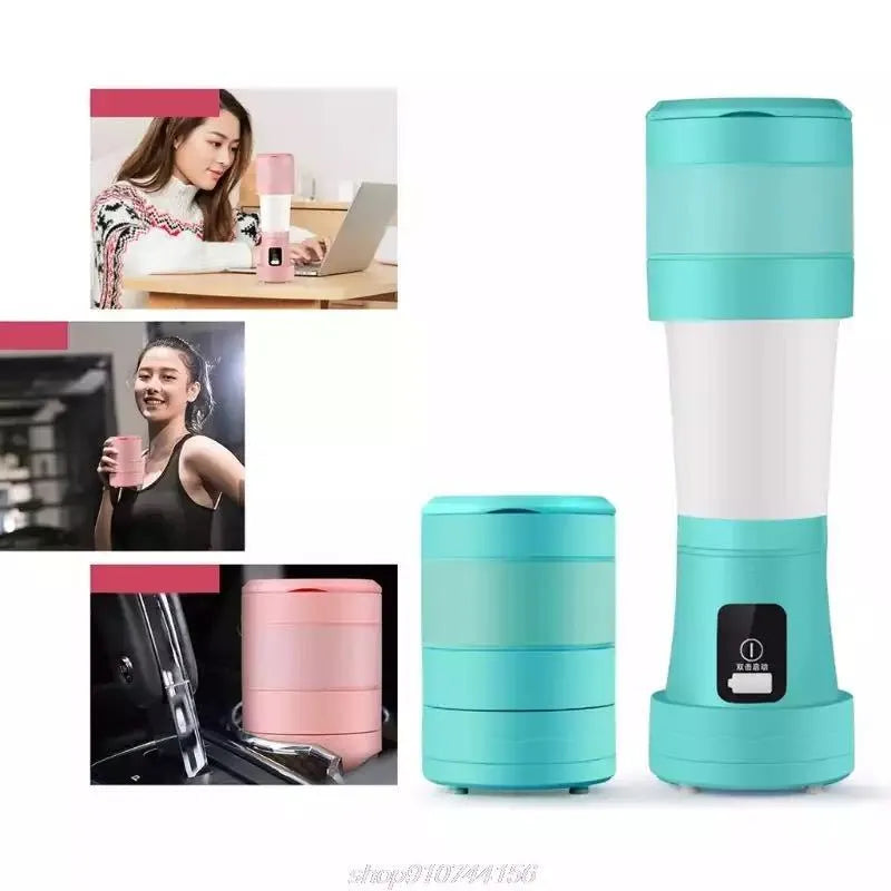 Blue portable blender with USB charging cable, shown folded and extended next to fruits.