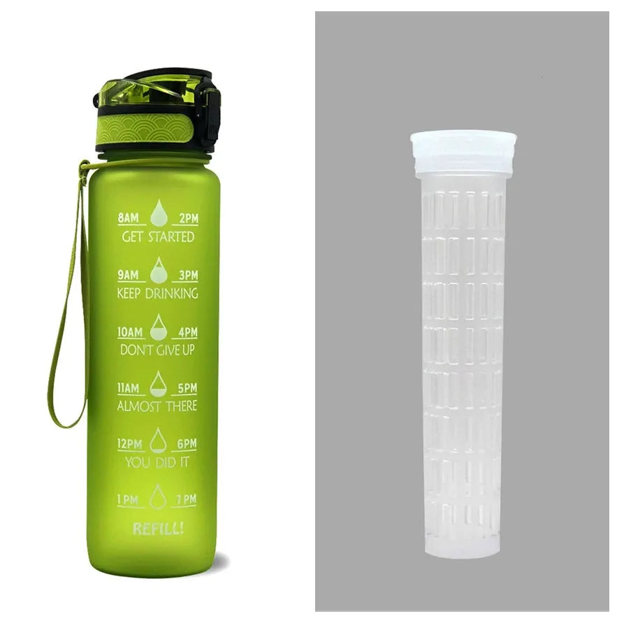 Blue and red gradient 1 litre Tritan sports water bottle with time markers and a black flip-top lid.