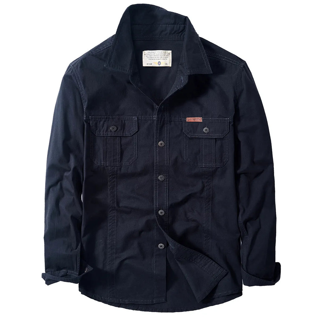 Cotton men's shirt in loose fit long sleeve military style, available in beige and other colours