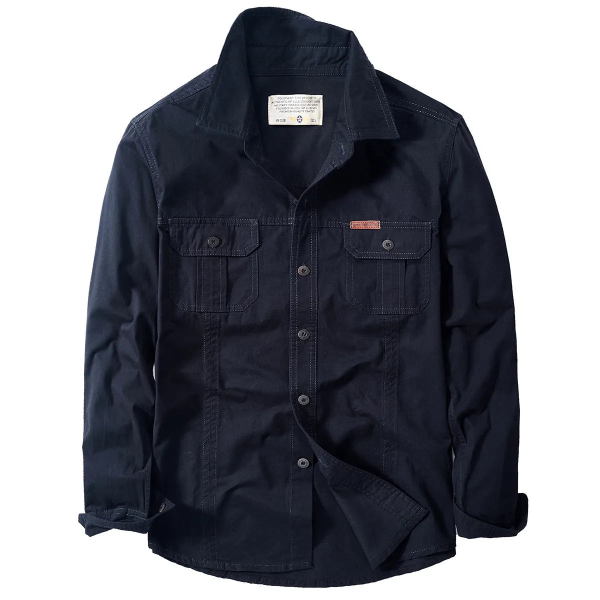 Cotton men's shirt in loose fit long sleeve military style, available in beige and other colours