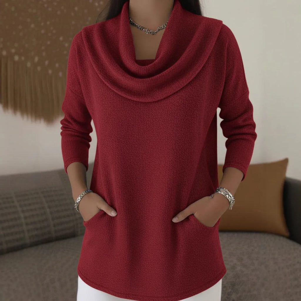 Women's polyester solid colour pocket pullover in blue, medium length long sleeve