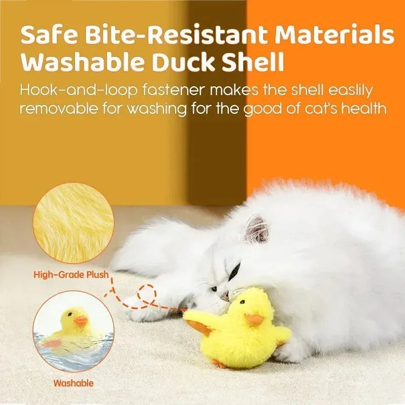 Yellow flapping duck cat toy with vibration sensor and removable plush cover