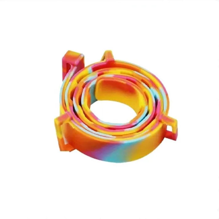 Rainbow-coloured plastic flea and anti-lice repellent collar for pets, showing cat and dog boxed versions.