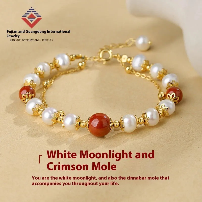 Sterling silver double-layer bracelet with freshwater pearl geometric beans in cinnabar red and white moonlight colours