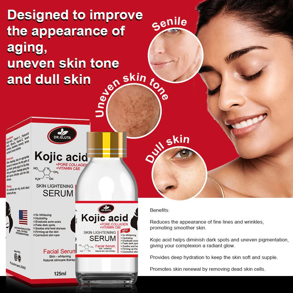 125ml kojic acid serum bottle for skin lightening, uneven skin tone and dull skin, natural skin care therapy