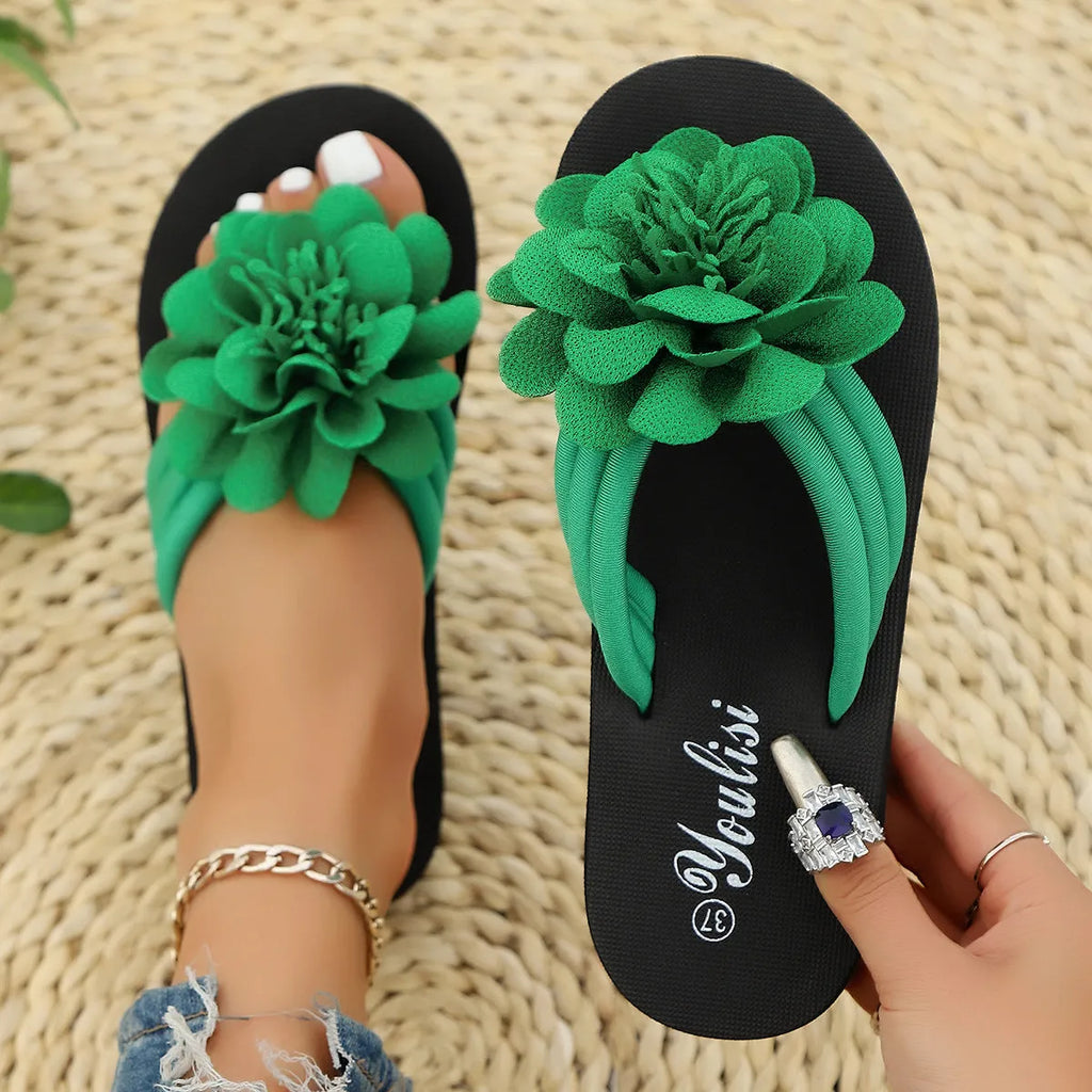 Floral pattern flip-flop beach shoes with EVA sole in beige, red, black or green colours