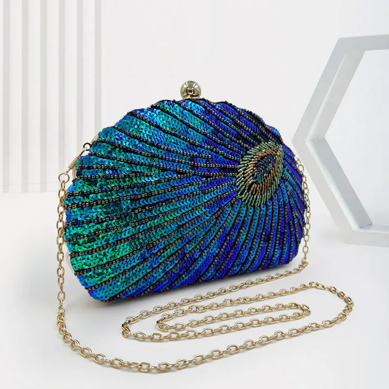 Women's vintage beaded one-shoulder crossbody chain handbag in silk surface polyester with hard three-dimensional shape