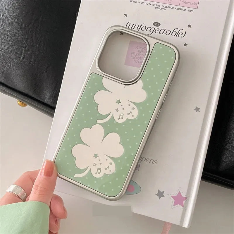 Acrylic mirror phone case with four-leaf clover pattern for iPhone 16 Pro Max