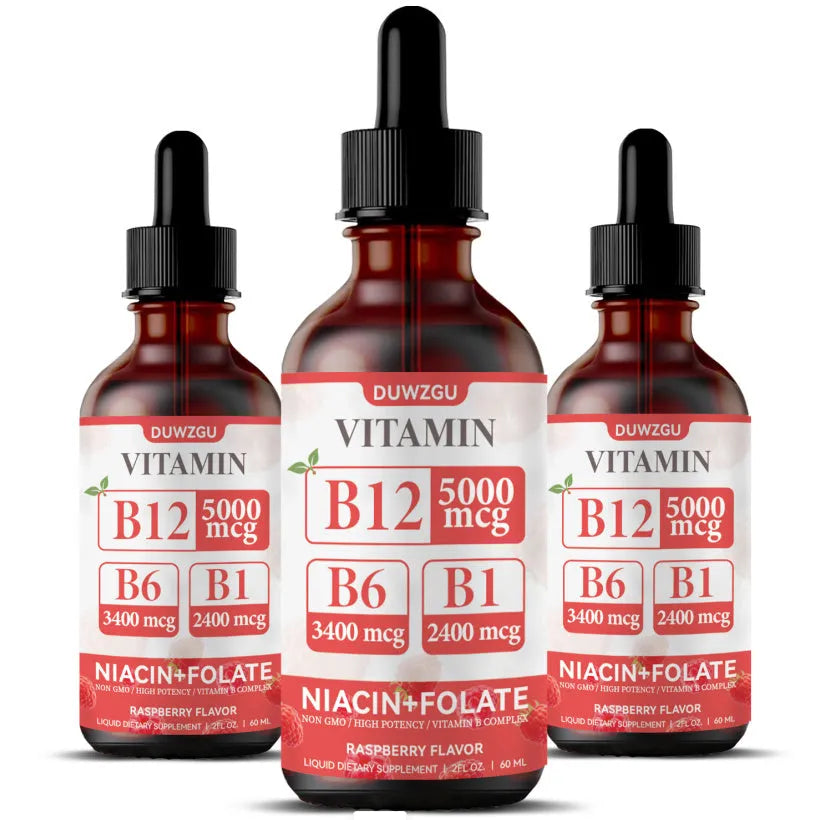 Bottle of liquid Vitamin B12 methylcobalamin dietary supplement drops.
