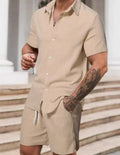 Men's polyester casual suit set with short sleeve shirt and matching shorts in street style