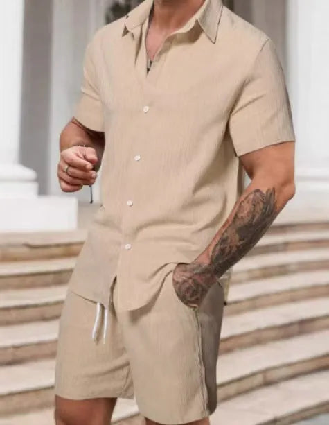Men's polyester casual suit set with short sleeve shirt and matching shorts in street style