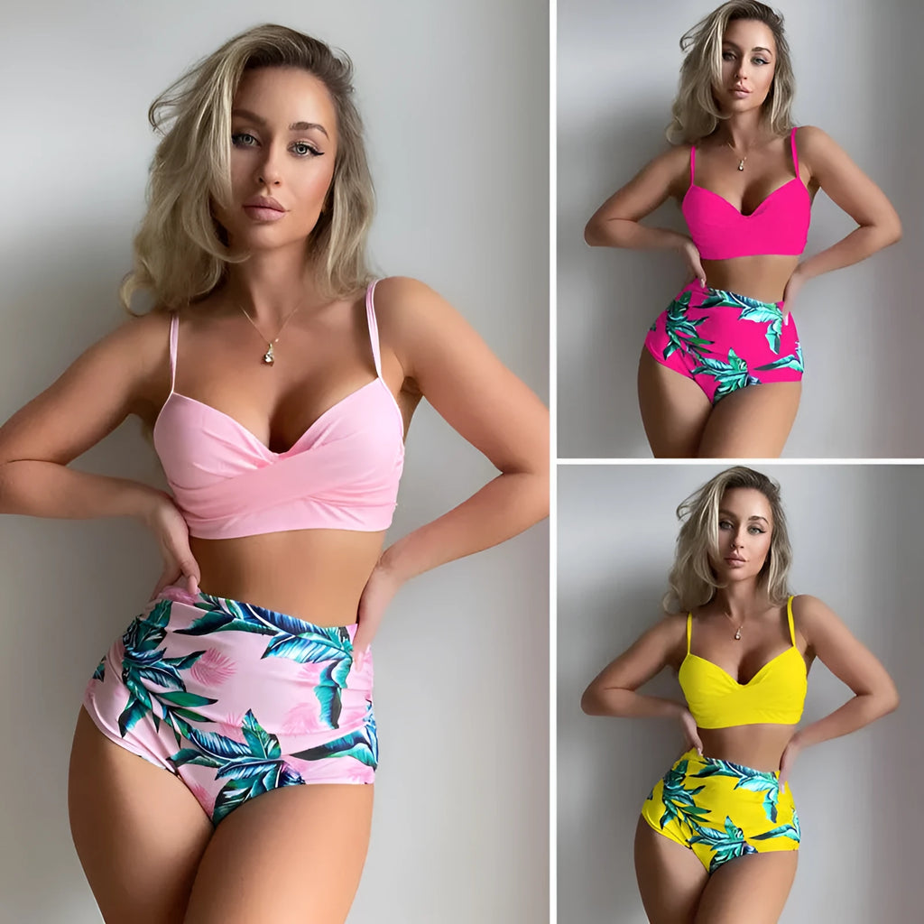 Women's yellow push-up bikini set with high-waisted briefs and a floral printed split design.