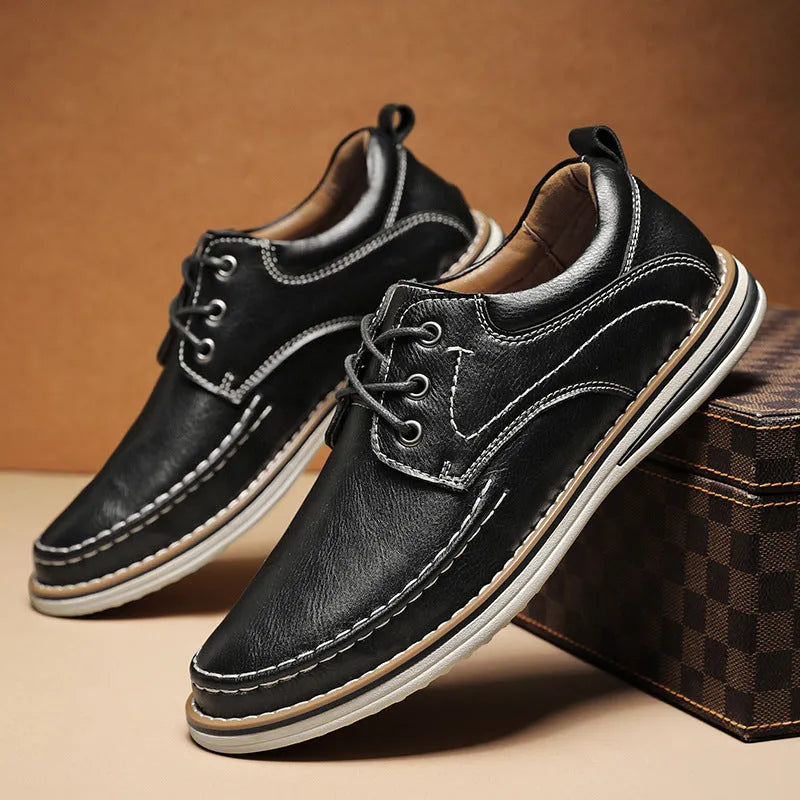 Men's black genuine leather lace-up casual shoes with round toe and stitched sole