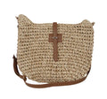 Handmade beige woven fashion bag with sandwich pocket and adjustable shoulder strap