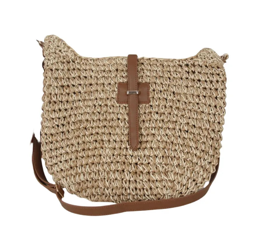 Handmade beige woven fashion bag with sandwich pocket and adjustable shoulder strap