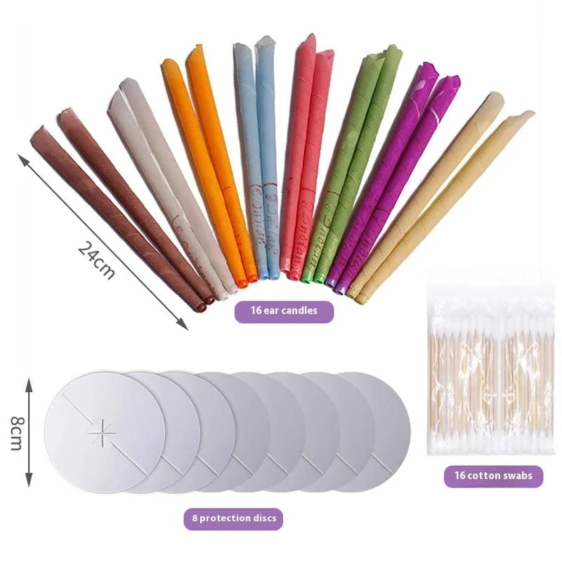 MQ Horn Colour ear candling kit showing 16 cotton cloth candles, protective boards, and cotton swabs