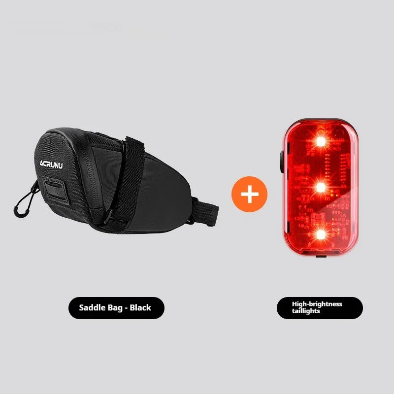 Bicycle waterproof rear bag with hanging taillight in black, 15x8x8cm, 1.5L capacity, composite fabric and mesh construction