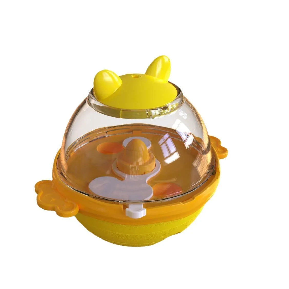 Lake blue TPR tumbler dog feeder toy with food dispenser opening, shown next to yellow version.