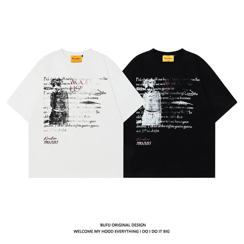Men's black retro loose fit pure cotton T-shirt with printed letter designs and raglan sleeves