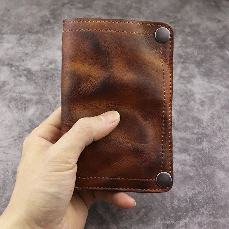 Men's retro style long vertical wallet in genuine cowhide leather with multiple card slots and compartments