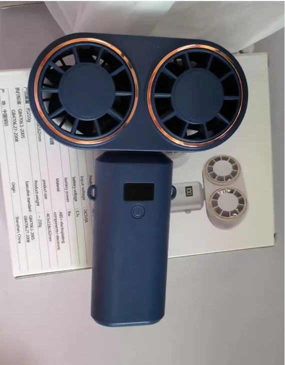 USB handheld mini fan folded showing digital display, available in milky white, pink, and dark blue colours