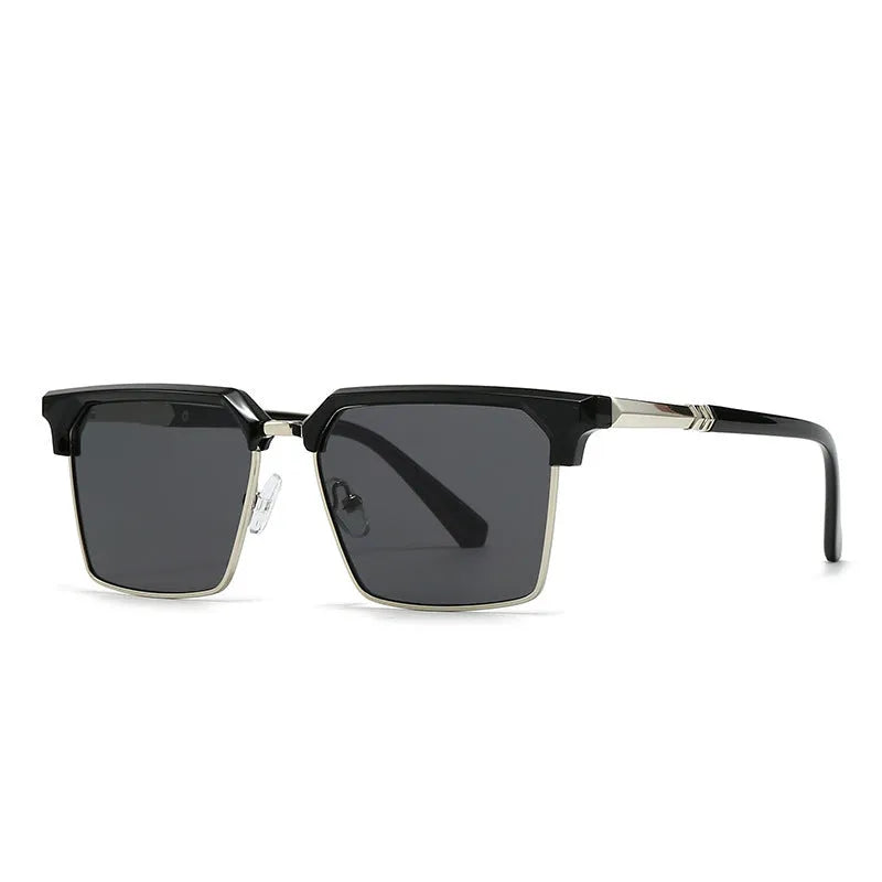 Men's square sunglasses in a plastic frame, shown in multiple colour options including black silver black gray and dried tea.