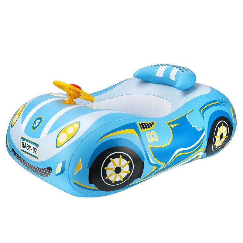 Pink inflatable car swimming ring for kids with a steering wheel, for pool and beach use.