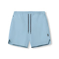 Men's grey seamless sports shorts with a straight-leg, knee-length cut on a mannequin.