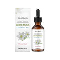 60ml bottle of white musk diffuser oil with a label listing glycerin, castor oil, vitamin E and musk leaf extract.
