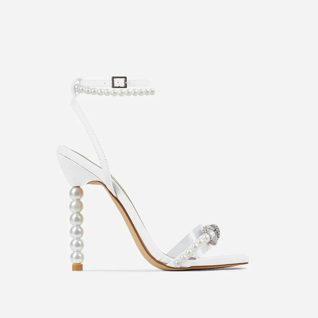Square toe stiletto heel shoes with rhinestone bow and pearl strap in pink, blue, apricot pu, and white pu
