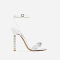 Square toe stiletto heel shoes with rhinestone bow and pearl strap in pink, blue, apricot pu, and white pu