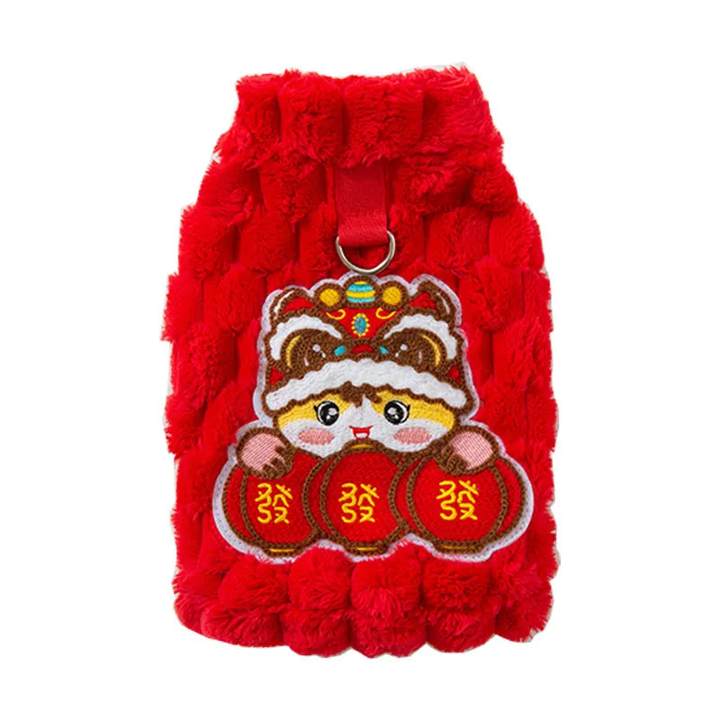 Red Lion Dance Pet Vest with lion dance embroidery and lanterns on small dog