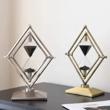 Glass sand timer with zinc alloy metal ornament base in bronze or silver with white or black sand