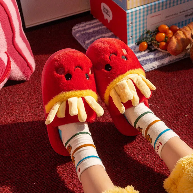 New indoor cotton slippers for women with suede upper and EVA sole, French fries design, available in multiple sizes.