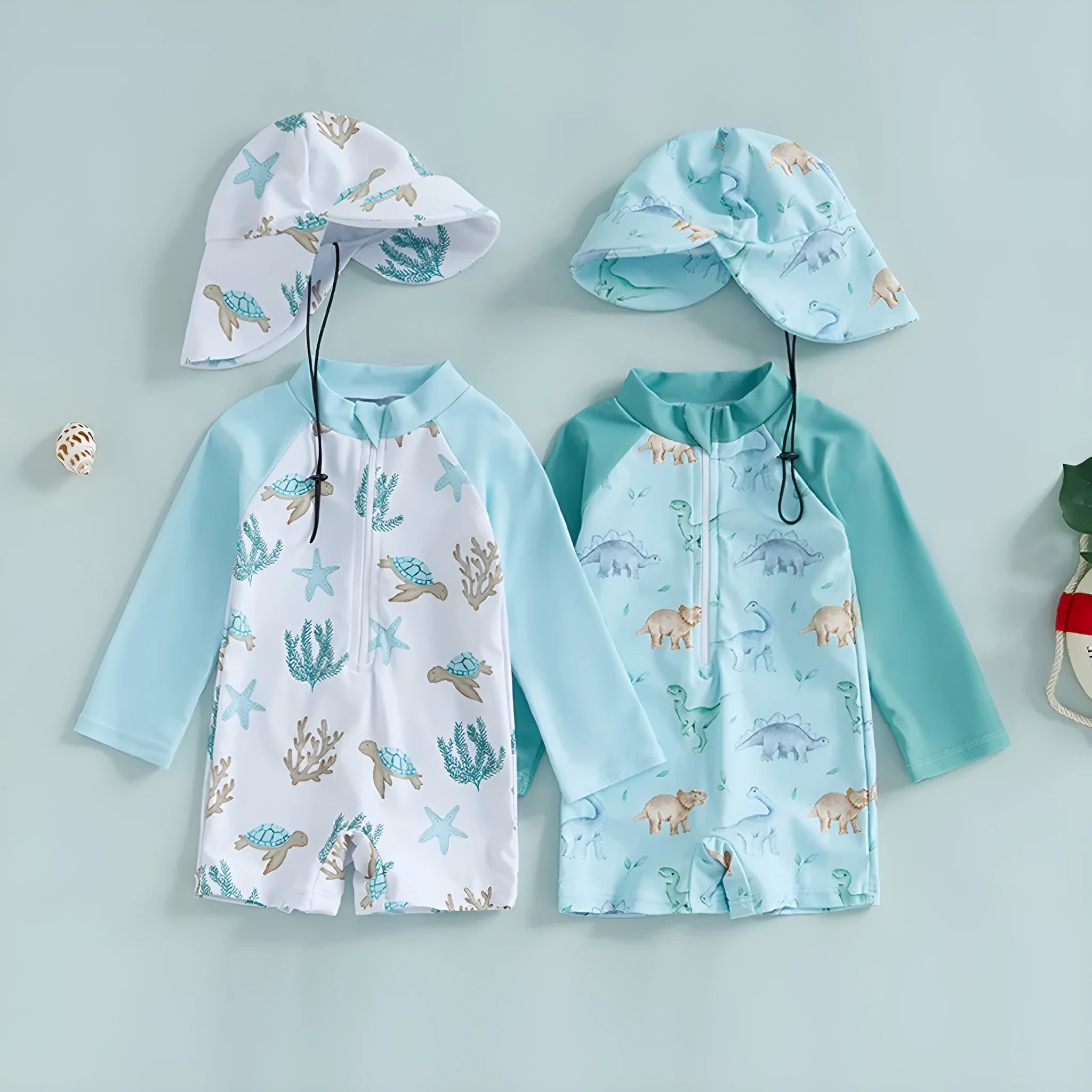 Baby wearing a dinosaur light green sleeve one-piece long sleeve swimsuit