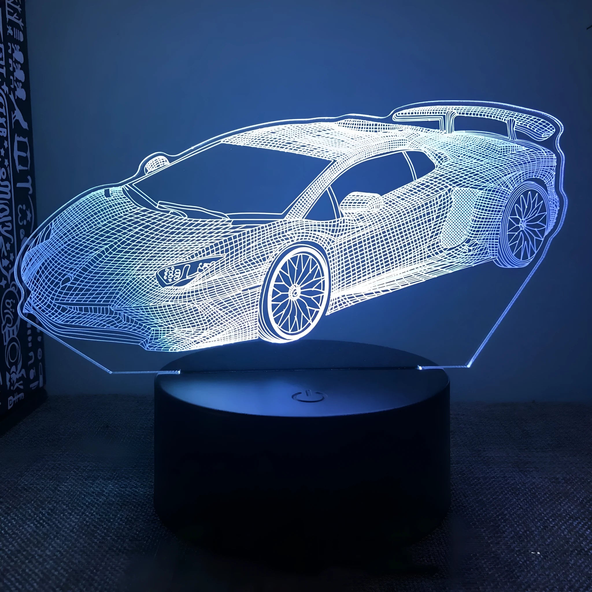 Sports car shaped USB bedside lamp with touch controls and remote, measuring 180x140mm