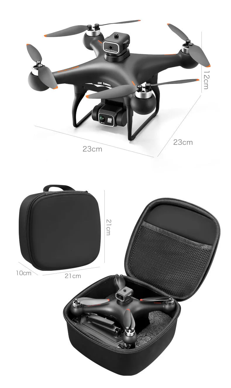 Black brushless UAV toy drone with four-side obstacle avoidance and a camera, remote controller beside it.