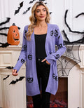 Women's black Halloween cardigan with orange Jacquard knitted pumpkin head pattern, shown as an open medium-length knit.