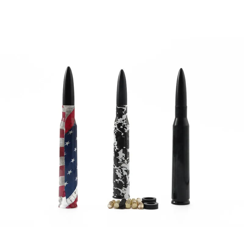 14cm bullet car antenna in camouflage green, American flag, and black colour options for modified vehicles