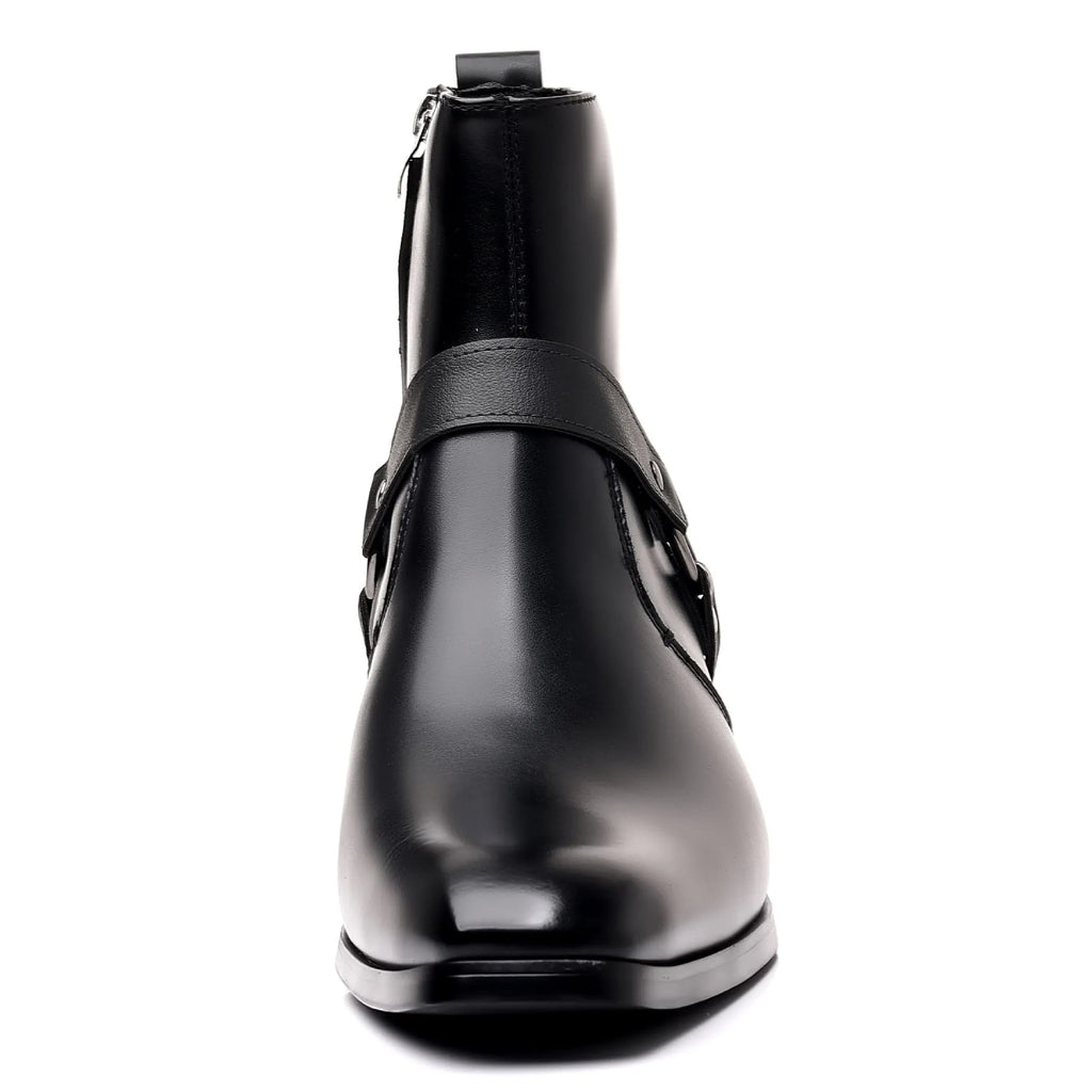 Black unisex ankle boot with side zip, square toe, and rivet details on a rubber sole.
