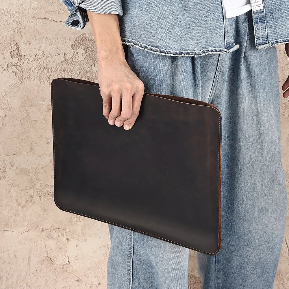 Genuine crazy horse leather horizontal computer liner bag in medium brown colour