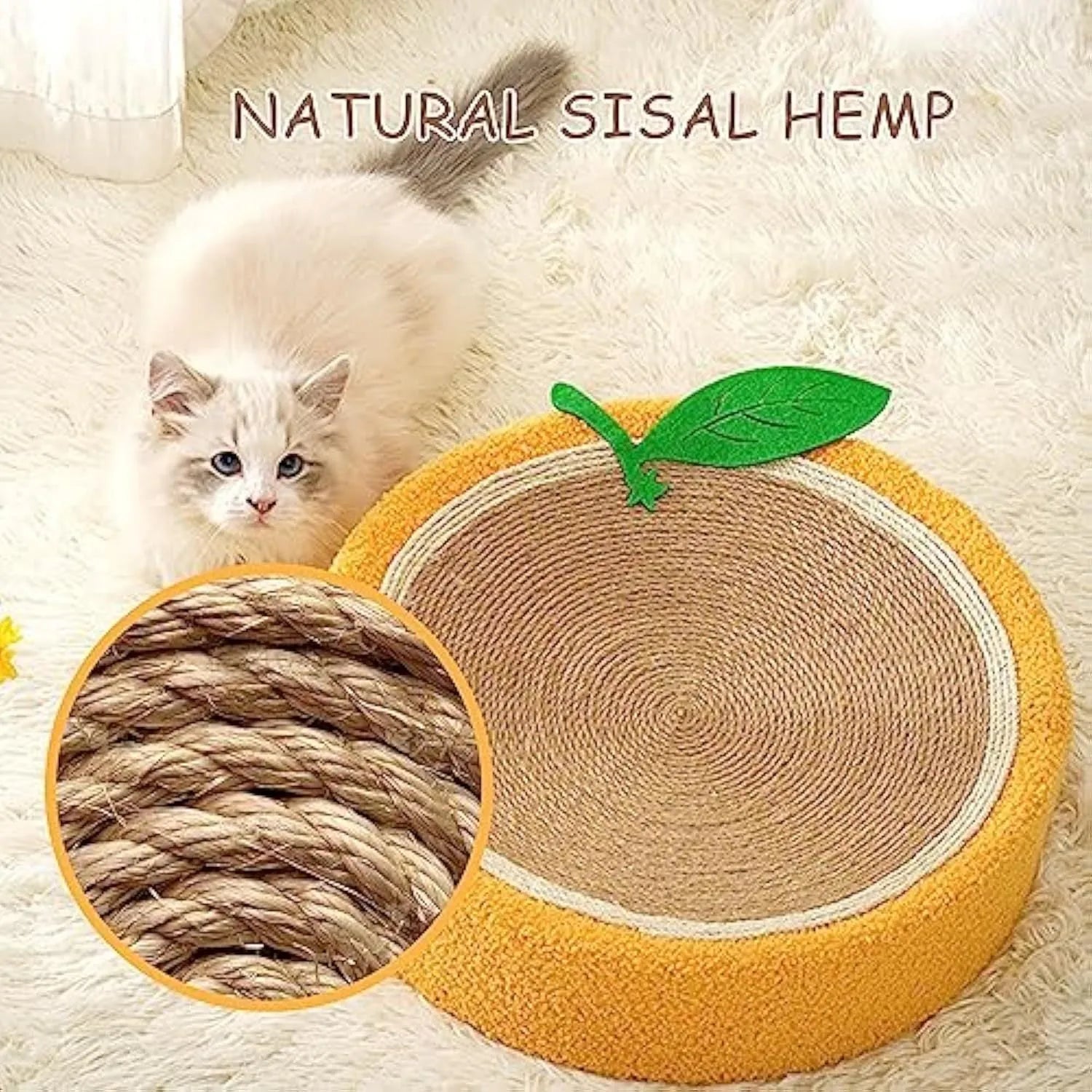 Yellow round sisal cat scratching board and bed with a concave centre for cats.